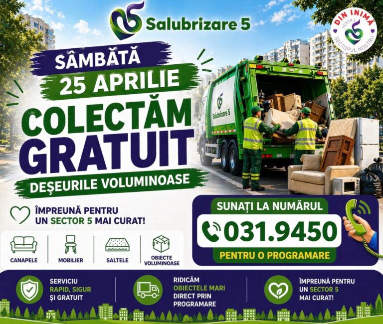 INFO SALUBRIZARE SECTOR 5  COLECTĂM GRATUIT DEȘEURILE VOLUMINOASE ÎN SECTORUL 5!